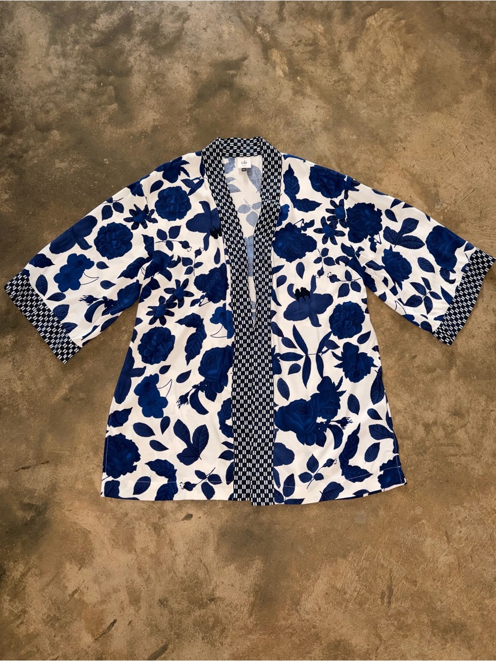 CAbi Blue and White Floral Open-Front Kimono